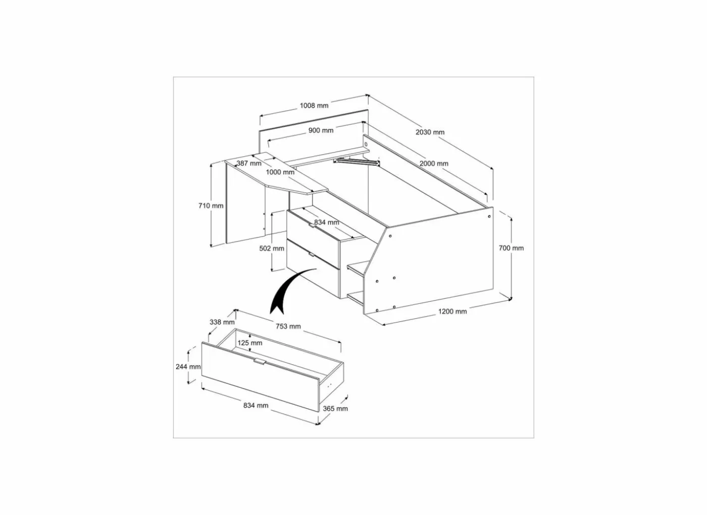 Bed Milky 90x200cm - decor - grijs & wit met opbergruimte