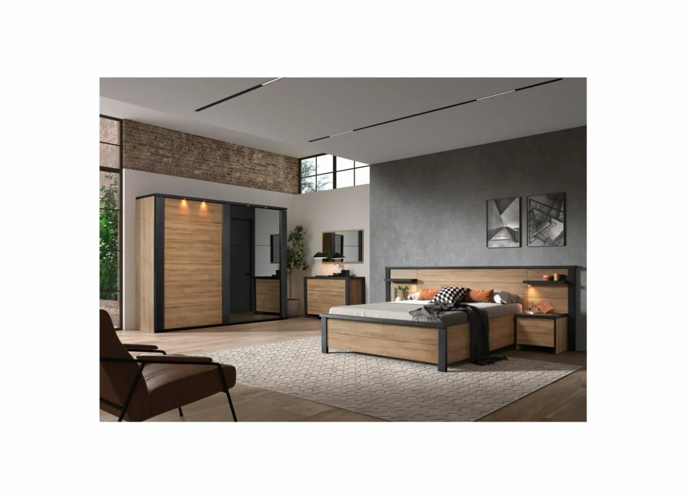 Bed 140x200cm - decor - Franse eik & nox met zijwanden