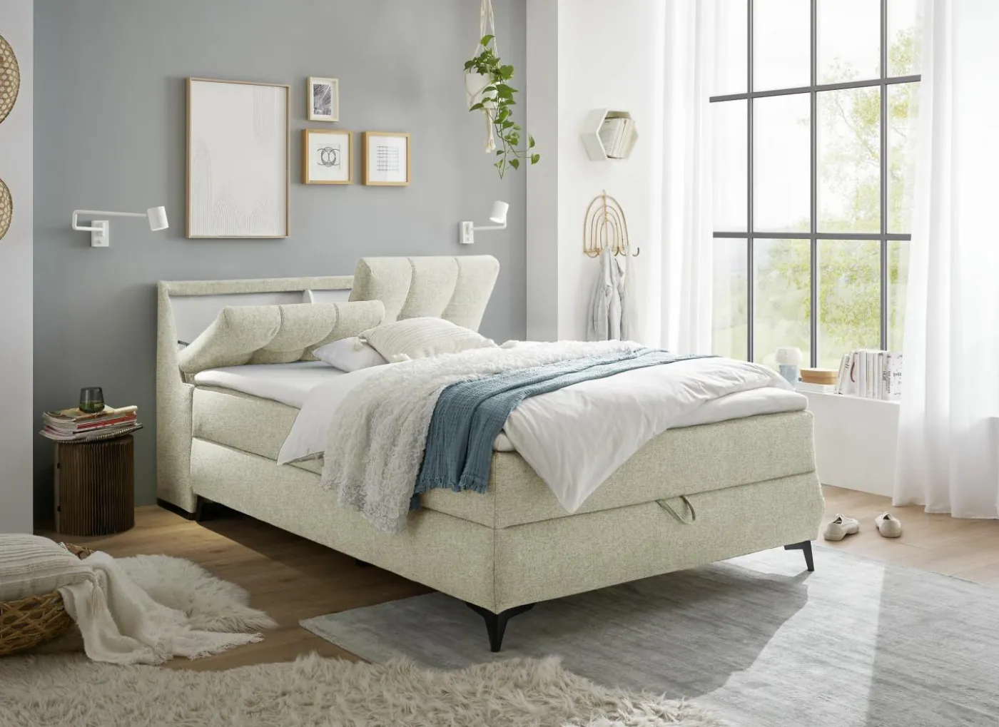 Bedbox Atlantis 140x200cm - stof - ivoor met opbergruimte