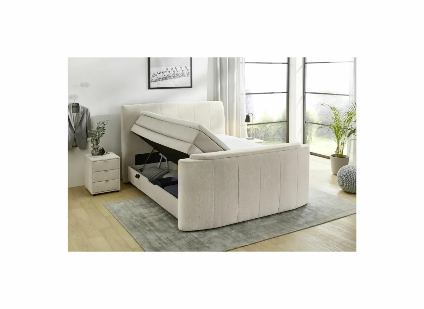 Boxspring Belair Max 180x200cm - stof - beige met tv-lift en opbergruimte