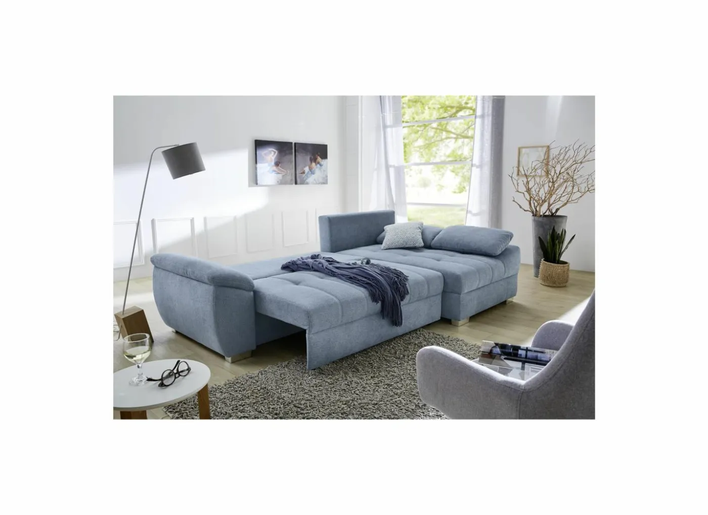 Hoeksalon Alster 268x161cm - stof - lichtblauw met bedfunctie