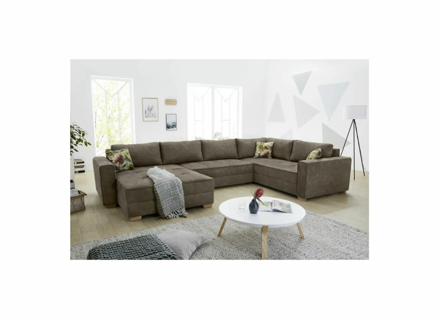 Hoeksalon Brixen 379x227cm - stof - bruin met bedfunctie