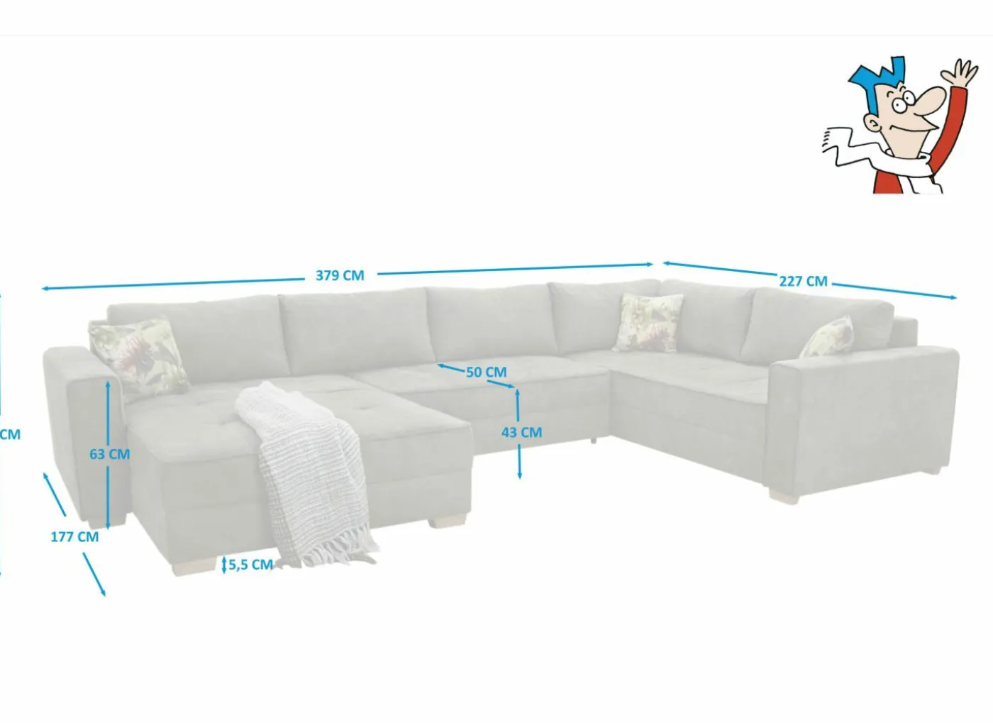 Hoeksalon Brixen 379x227cm - stof - bruin met bedfunctie