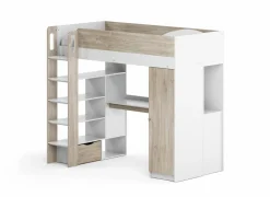 Hoogslaper Evora 90x200cm - decor - ivory oak & wit met bureau en opbergruimte